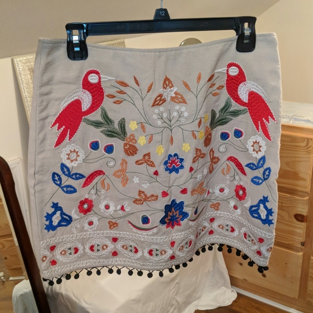 EUC Altar'd State tropical toucan embroidered skirt with Pom Pom tassels